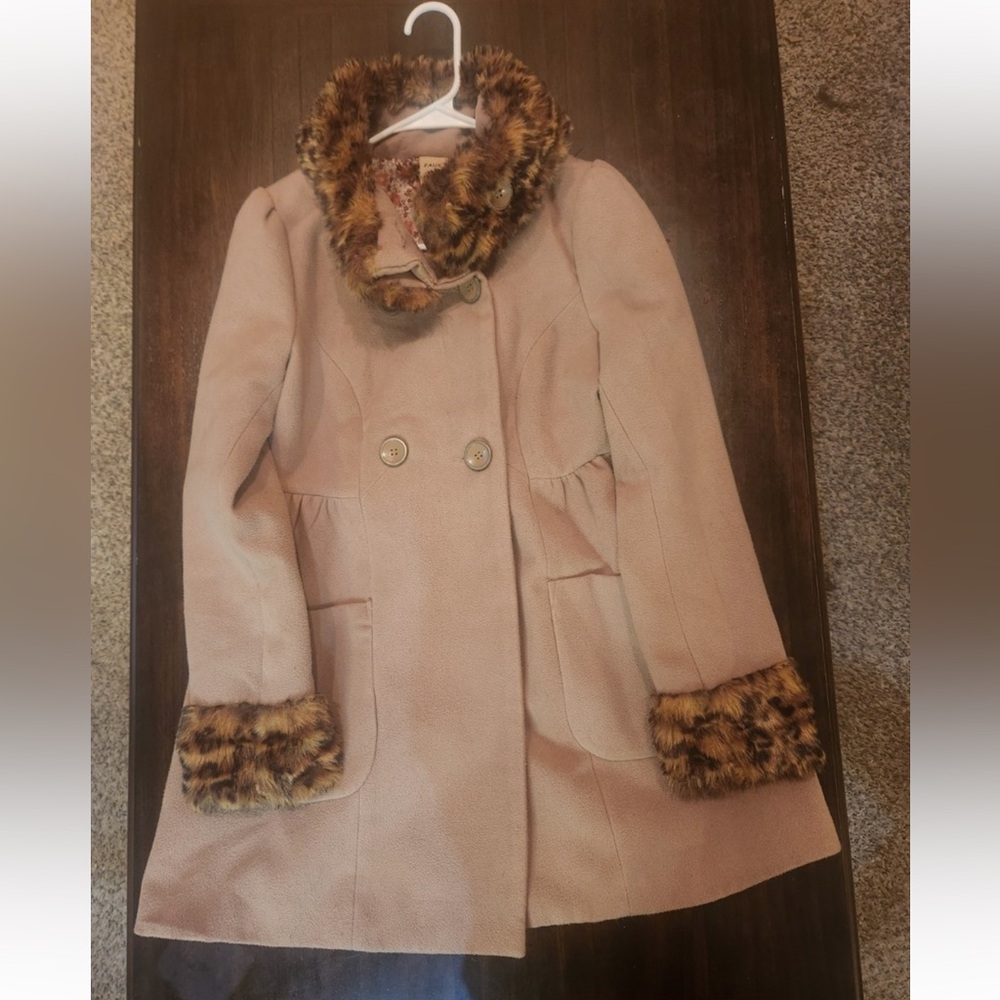 Jou Jou Camel Pea Coat with Leopard Faux Fur Accents - Picture 9 of 10